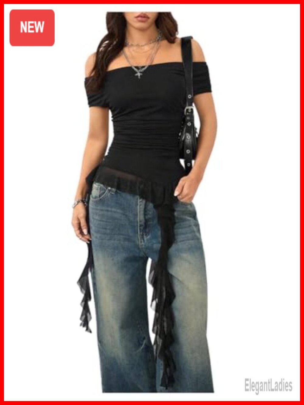SweatyRocks Off Shoulder Asymmetrical Mesh Top Y2k Ruched Ruffle